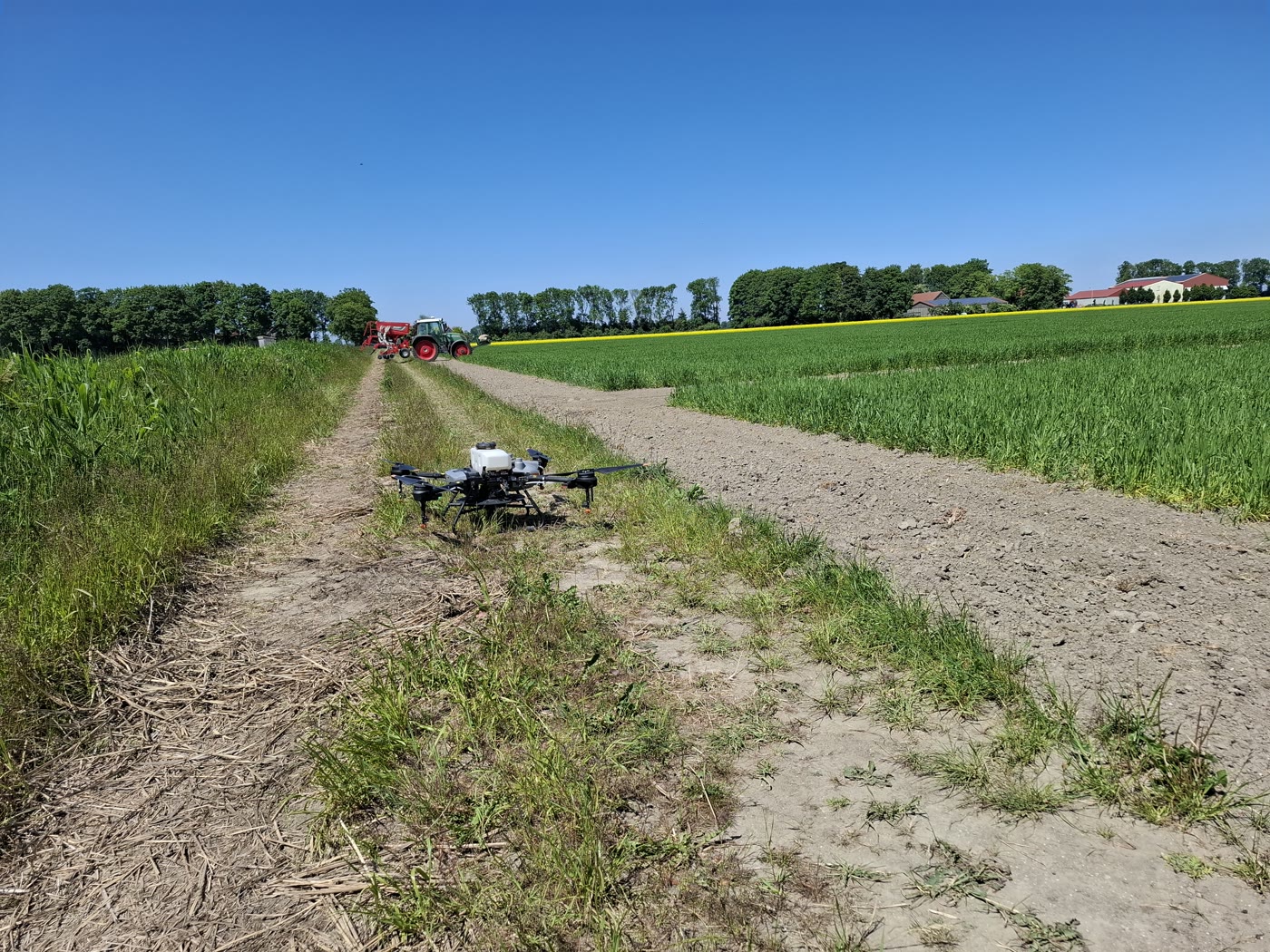 Landbouwdrone van DroneTech Inspecties op het veld bij inzaai van klaver in graan